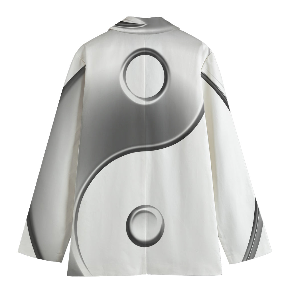 Sliver And White Yin Yang Print Women's Cotton Blazer