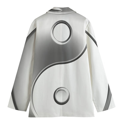 Sliver And White Yin Yang Print Women's Cotton Blazer