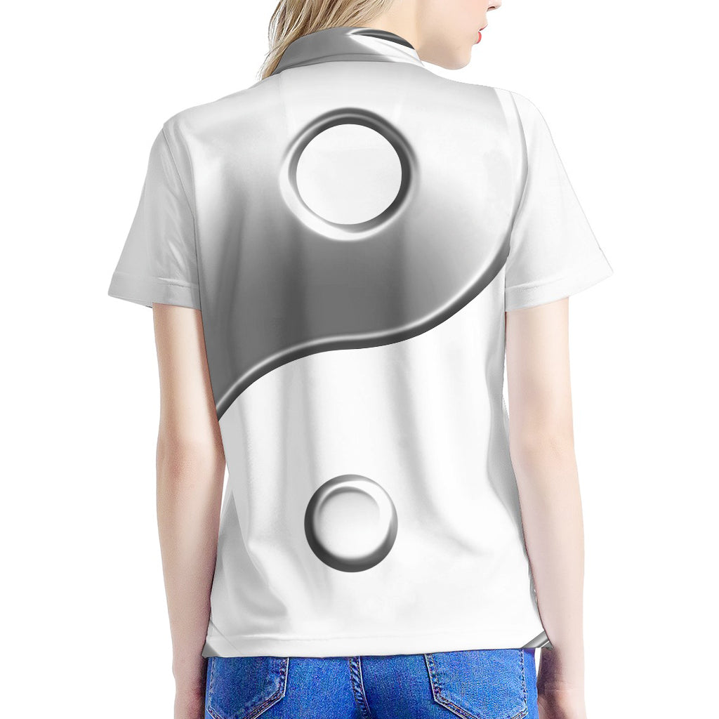 Sliver And White Yin Yang Print Women's Polo Shirt