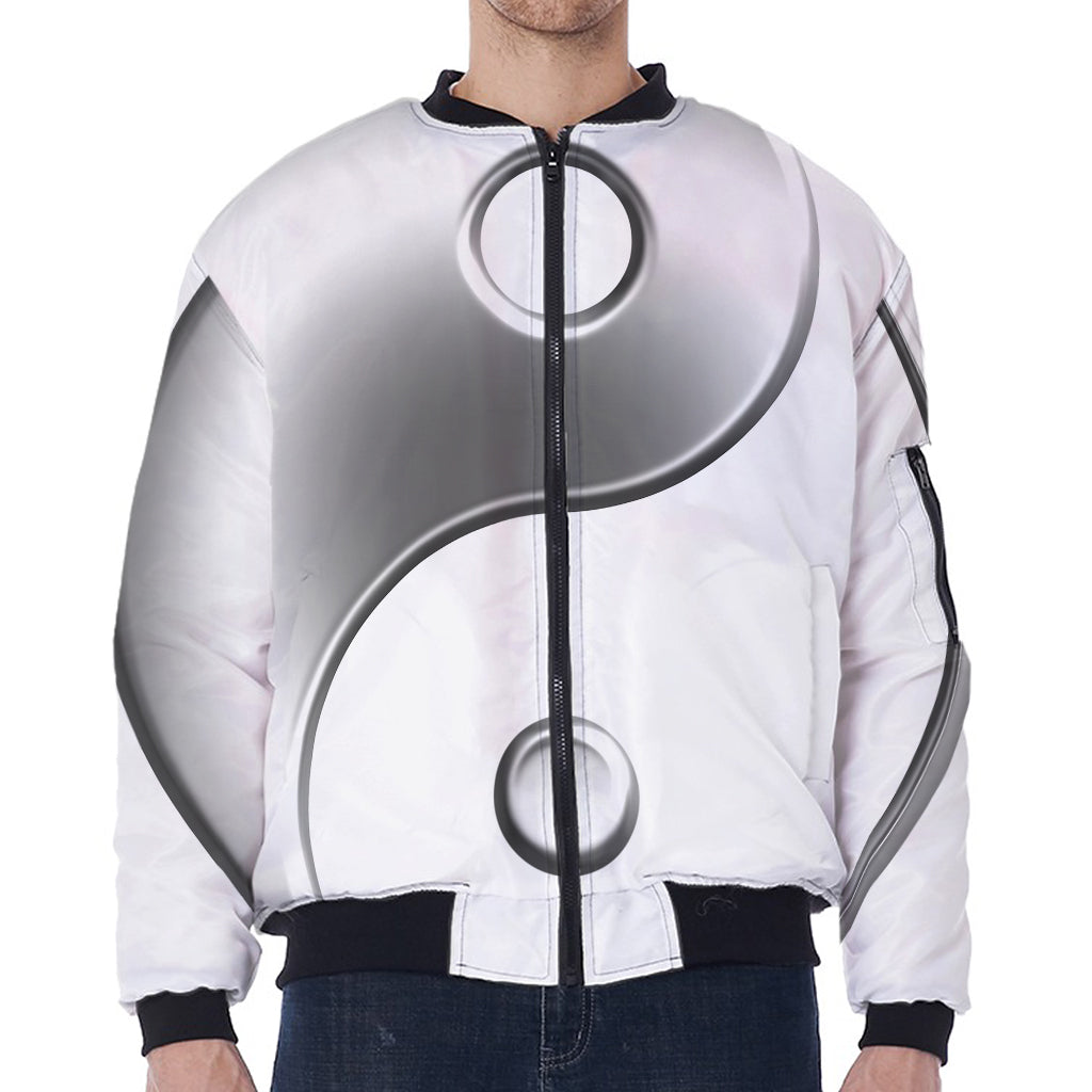 Sliver And White Yin Yang Print Zip Sleeve Bomber Jacket