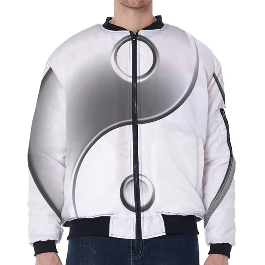 Sliver And White Yin Yang Print Zip Sleeve Bomber Jacket