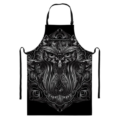 Sliver Spiritual Owl Print Bib Apron With Pocket