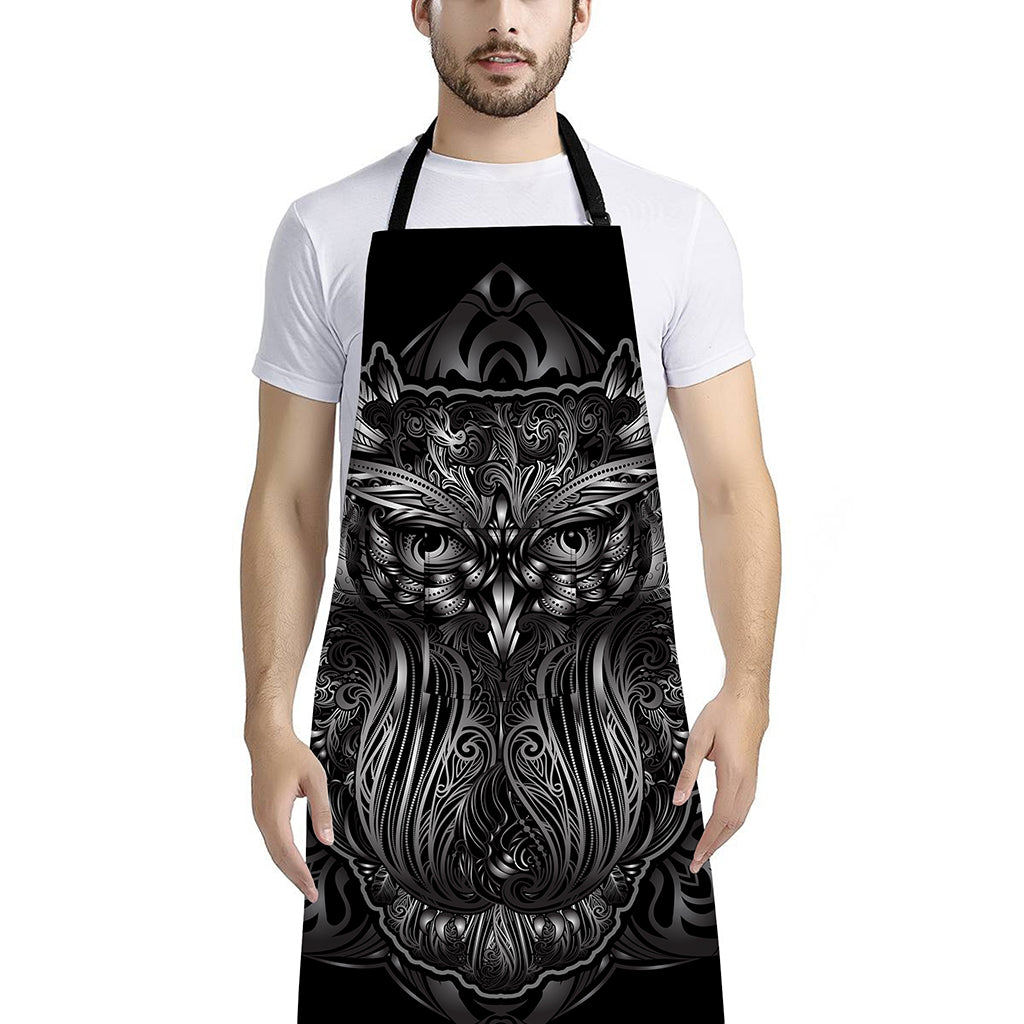 Sliver Spiritual Owl Print Bib Apron With Pocket