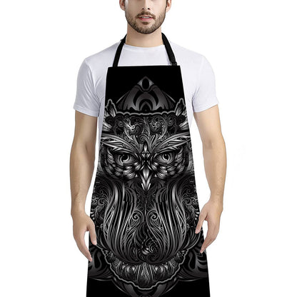 Sliver Spiritual Owl Print Bib Apron With Pocket