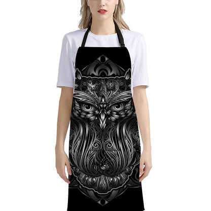 Sliver Spiritual Owl Print Bib Apron With Pocket