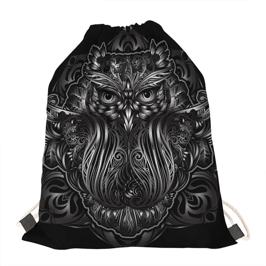 Sliver Spiritual Owl Print Drawstring Bag