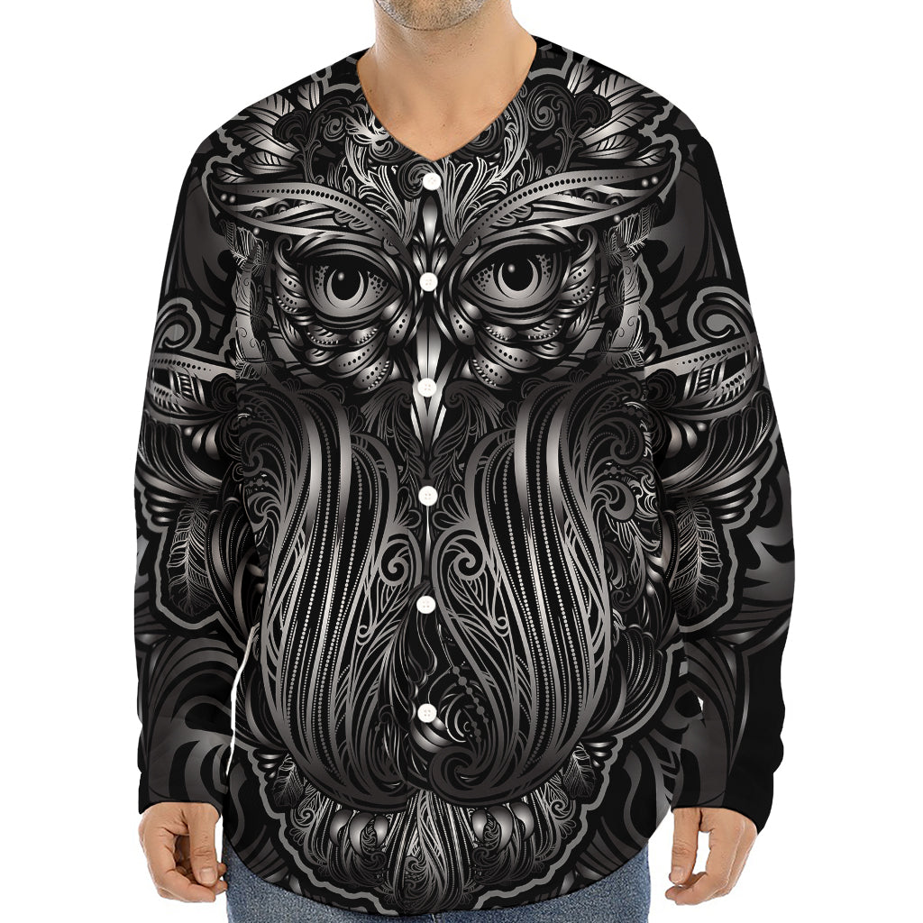 Sliver Spiritual Owl Print Long Sleeve Baseball Jersey