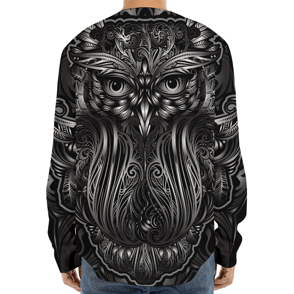 Sliver Spiritual Owl Print Long Sleeve Baseball Jersey