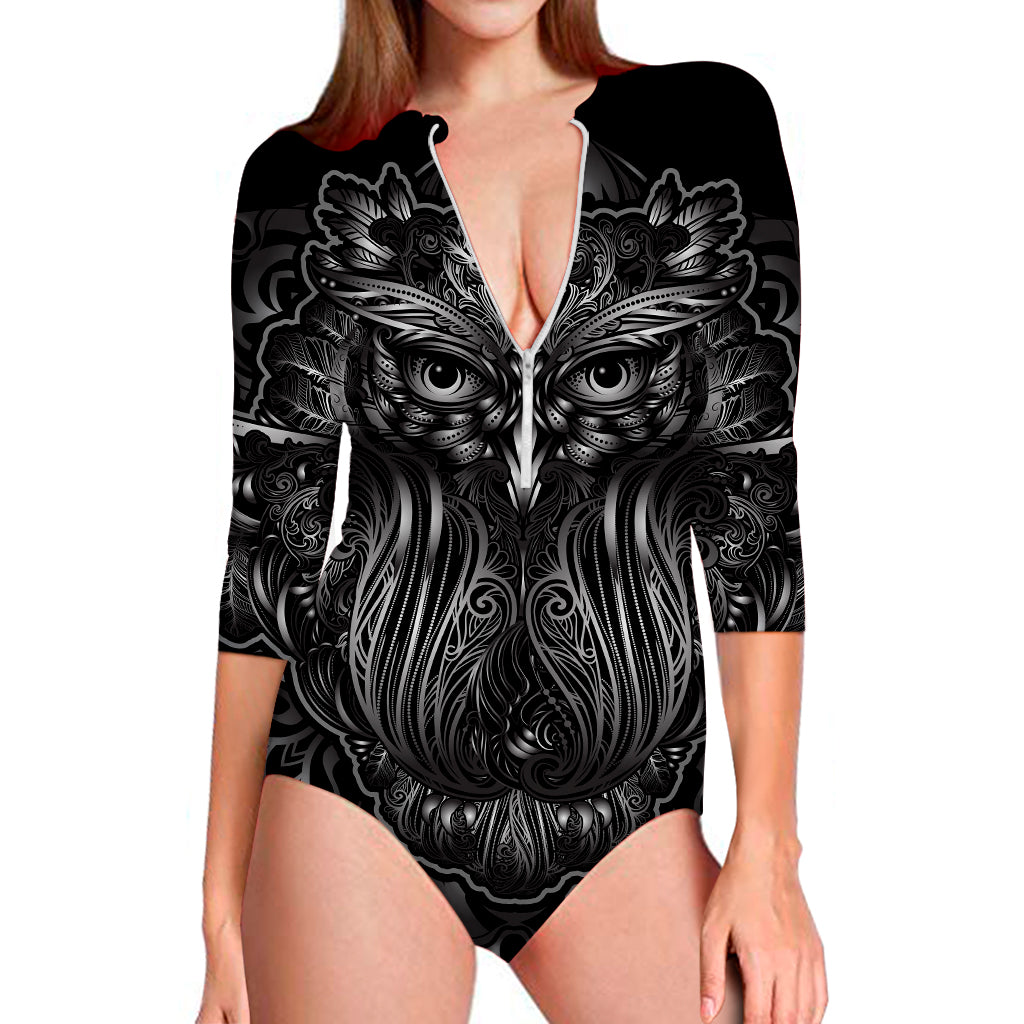 Sliver Spiritual Owl Print Long Sleeve Swimsuit