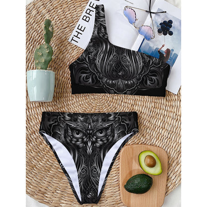 Sliver Spiritual Owl Print One Shoulder Bikini Top