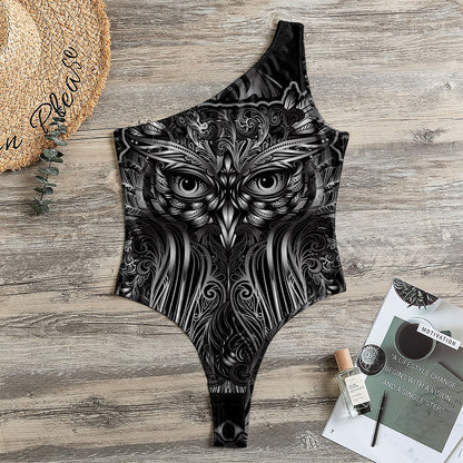 Sliver Spiritual Owl Print One Shoulder Bodysuit