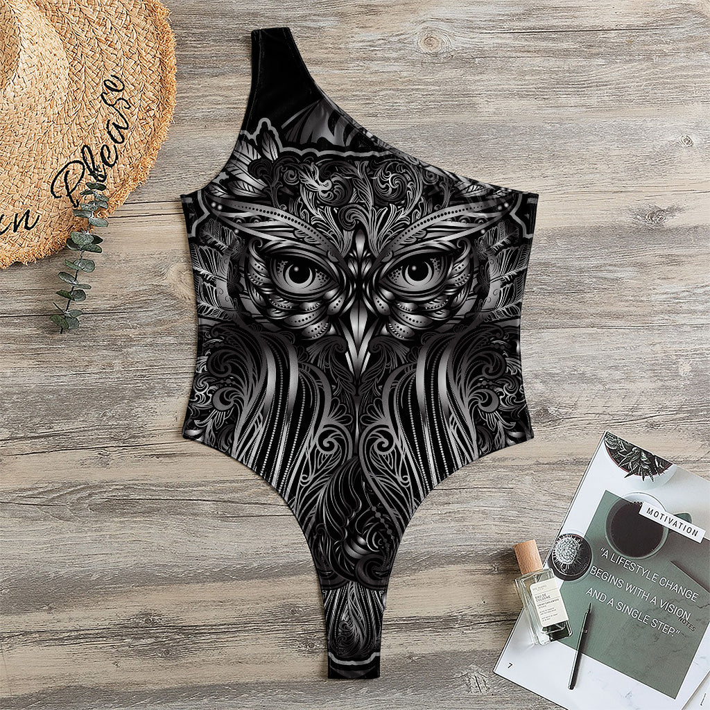 Sliver Spiritual Owl Print One Shoulder Bodysuit