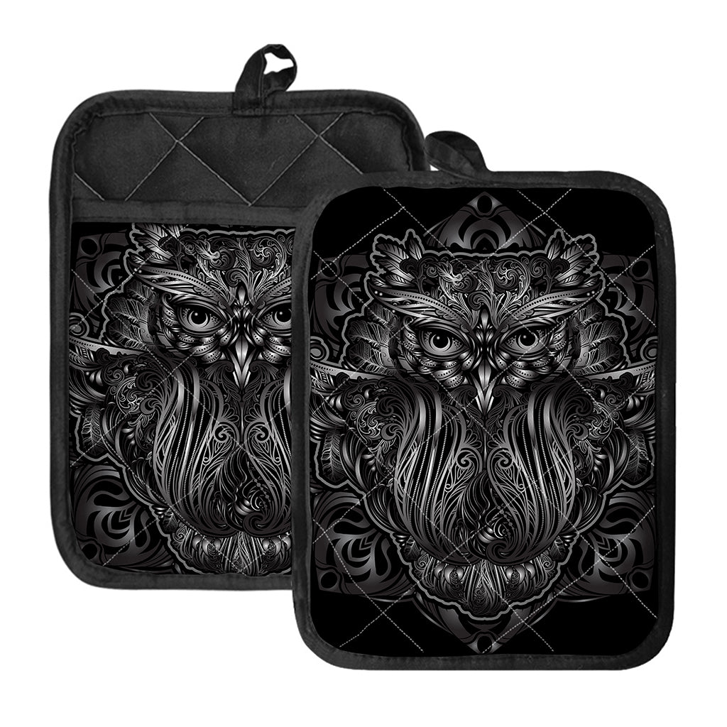 Sliver Spiritual Owl Print Pot Holders With Pocket