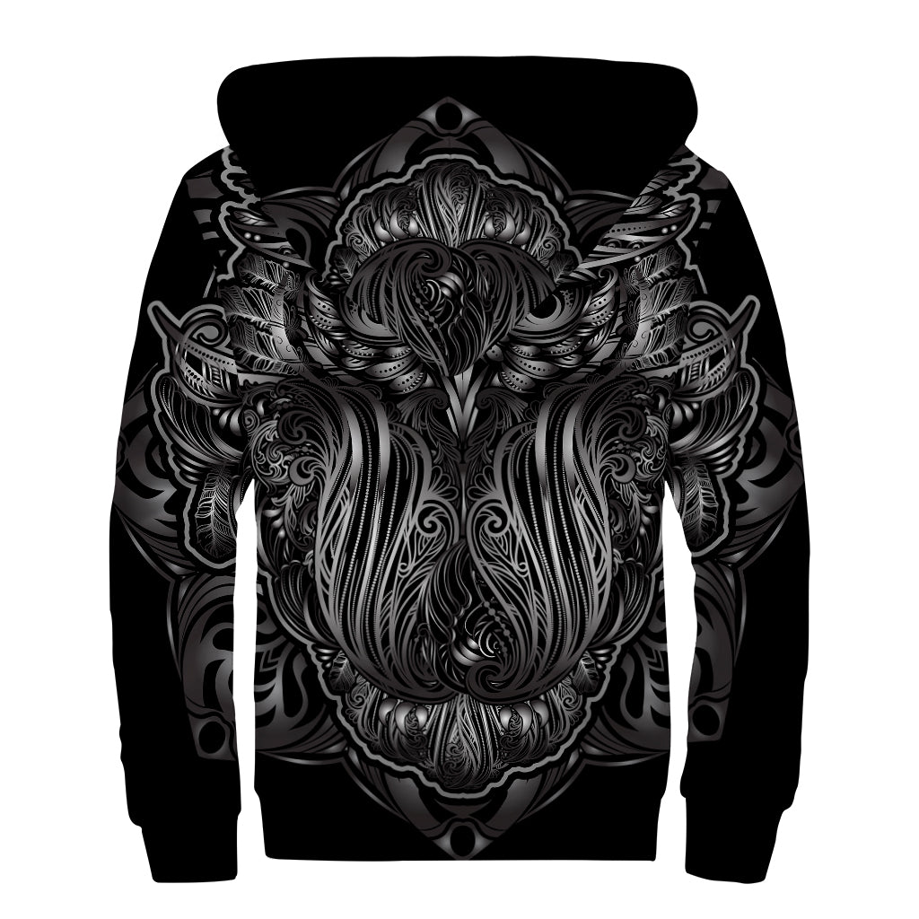 Sliver Spiritual Owl Print Sherpa Lined Zip Up Hoodie