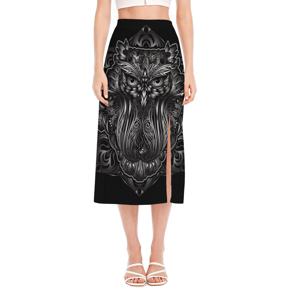 Sliver Spiritual Owl Print Side Slit Midi Skirt
