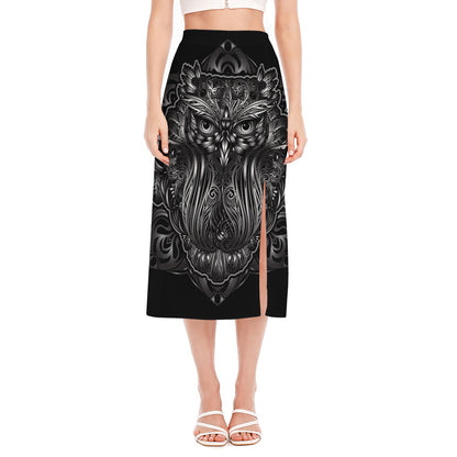 Sliver Spiritual Owl Print Side Slit Midi Skirt