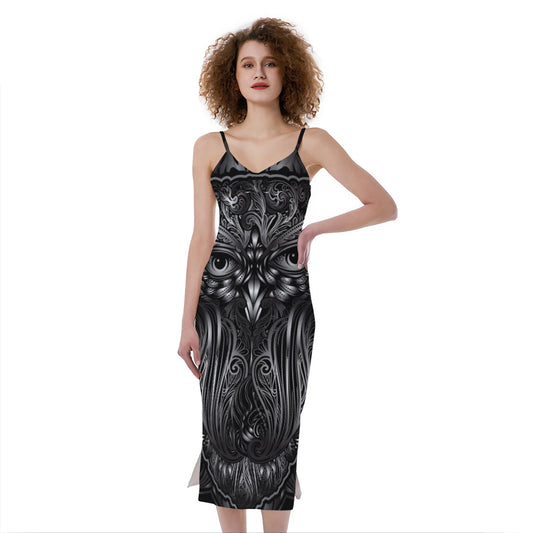Sliver Spiritual Owl Print Slim Fit Midi Cami Dress