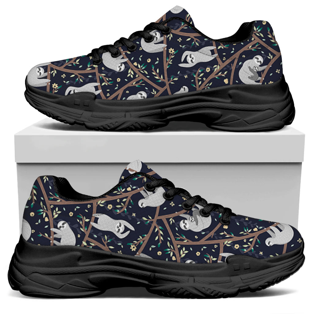 Sloth Family Pattern Print Black Chunky Shoes