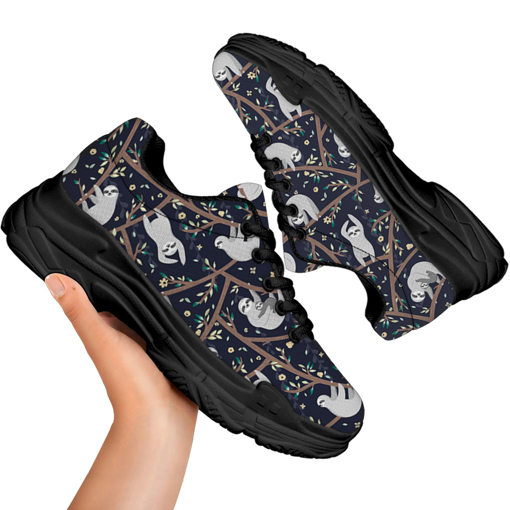 Sloth Family Pattern Print Black Chunky Shoes