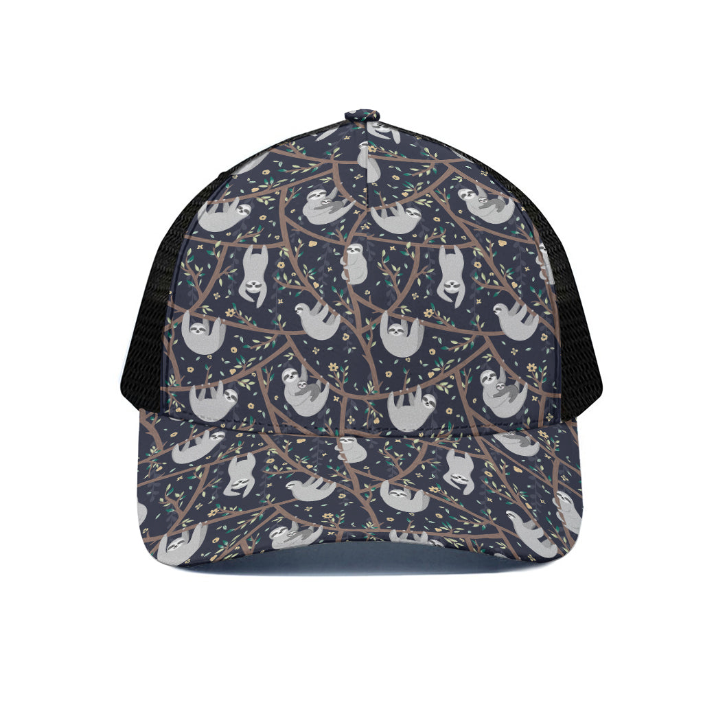 Sloth Family Pattern Print Black Mesh Trucker Cap