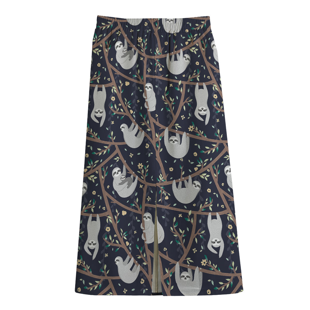 Sloth Family Pattern Print Cotton Front Slit Maxi Skirt