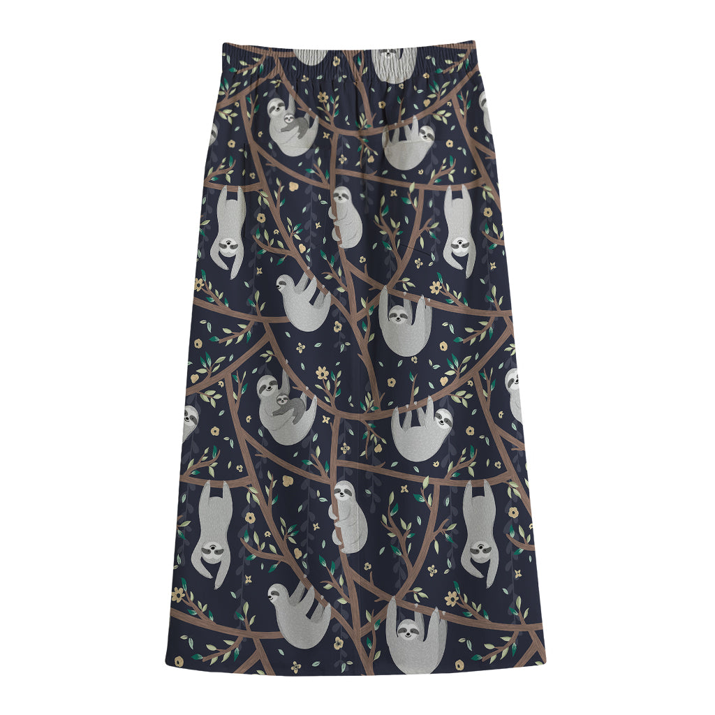 Sloth Family Pattern Print Cotton Front Slit Maxi Skirt