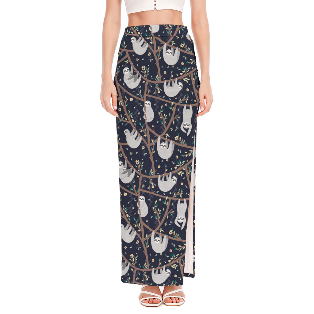 Sloth Family Pattern Print High Slit Maxi Skirt