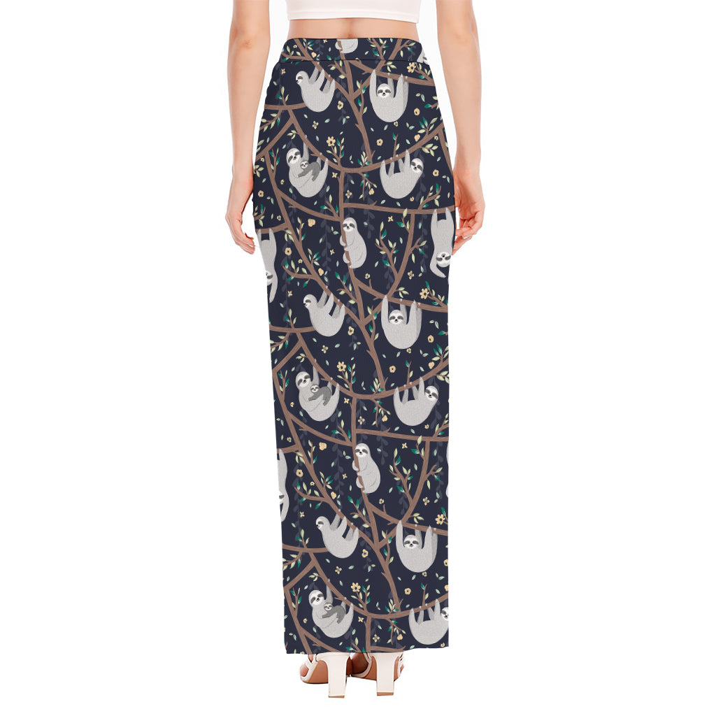 Sloth Family Pattern Print High Slit Maxi Skirt