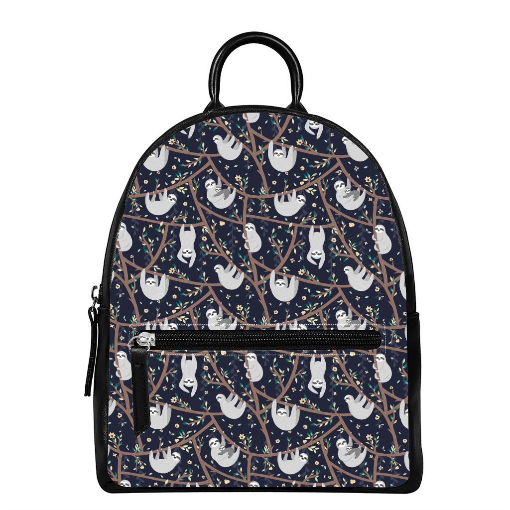 Sloth Family Pattern Print Leather Backpack