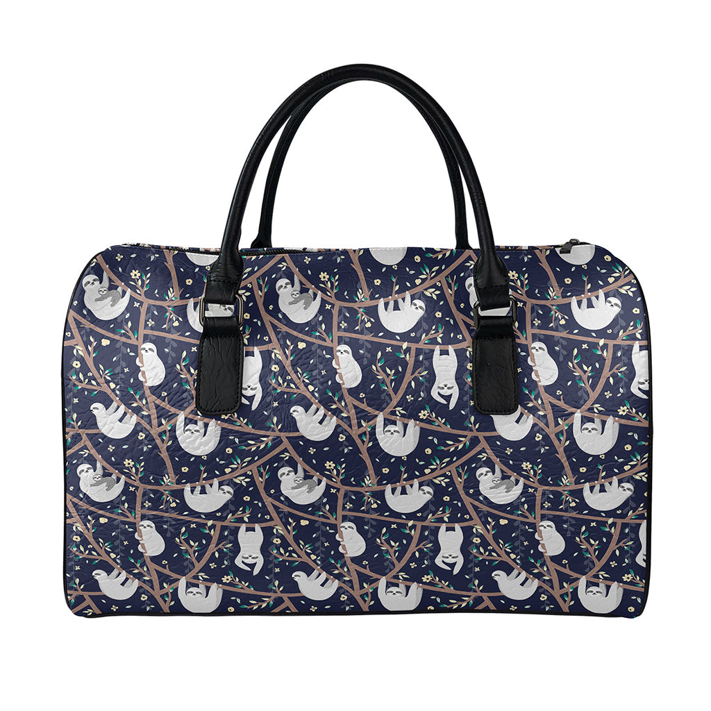 Sloth Family Pattern Print Leather Duffle Bag