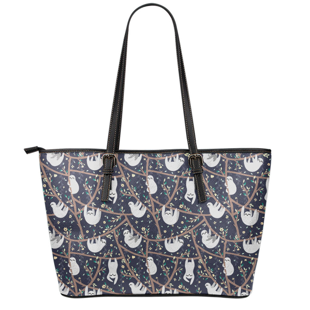 Sloth Family Pattern Print Leather Tote Bag