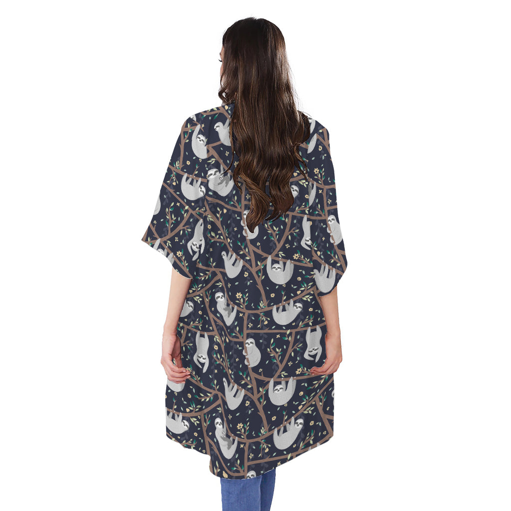 Sloth Family Pattern Print Open Front Beach Cover Up