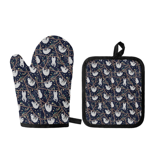 Sloth Family Pattern Print Oven Mitt And Pot Holder Set