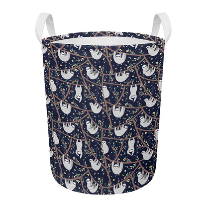 Sloth Family Pattern Print Round Laundry Basket
