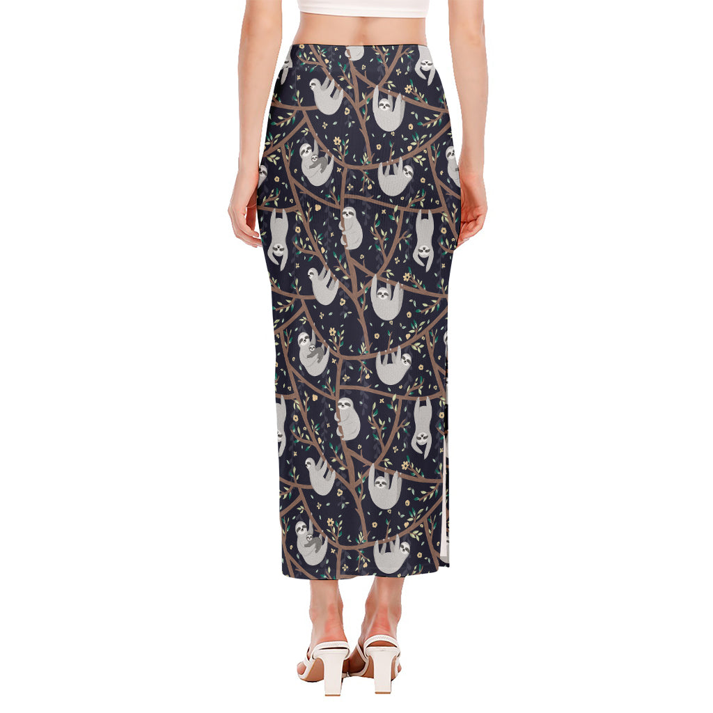 Sloth Family Pattern Print Side Slit Maxi Skirt