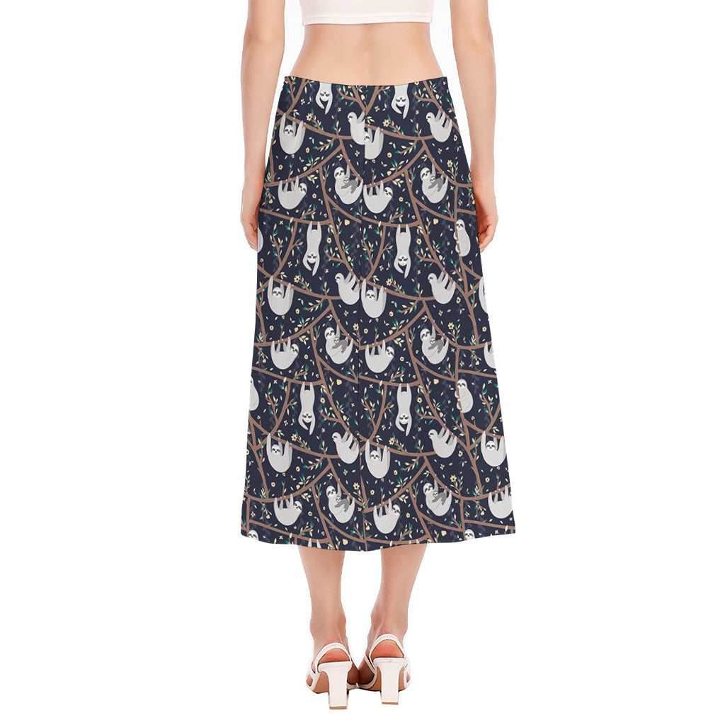 Sloth Family Pattern Print Side Slit Midi Skirt