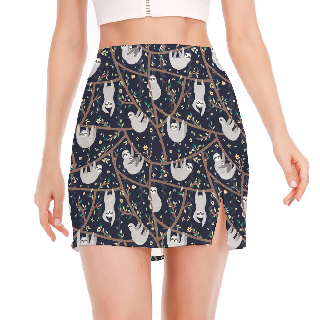 Sloth Family Pattern Print Side Slit Mini Skirt