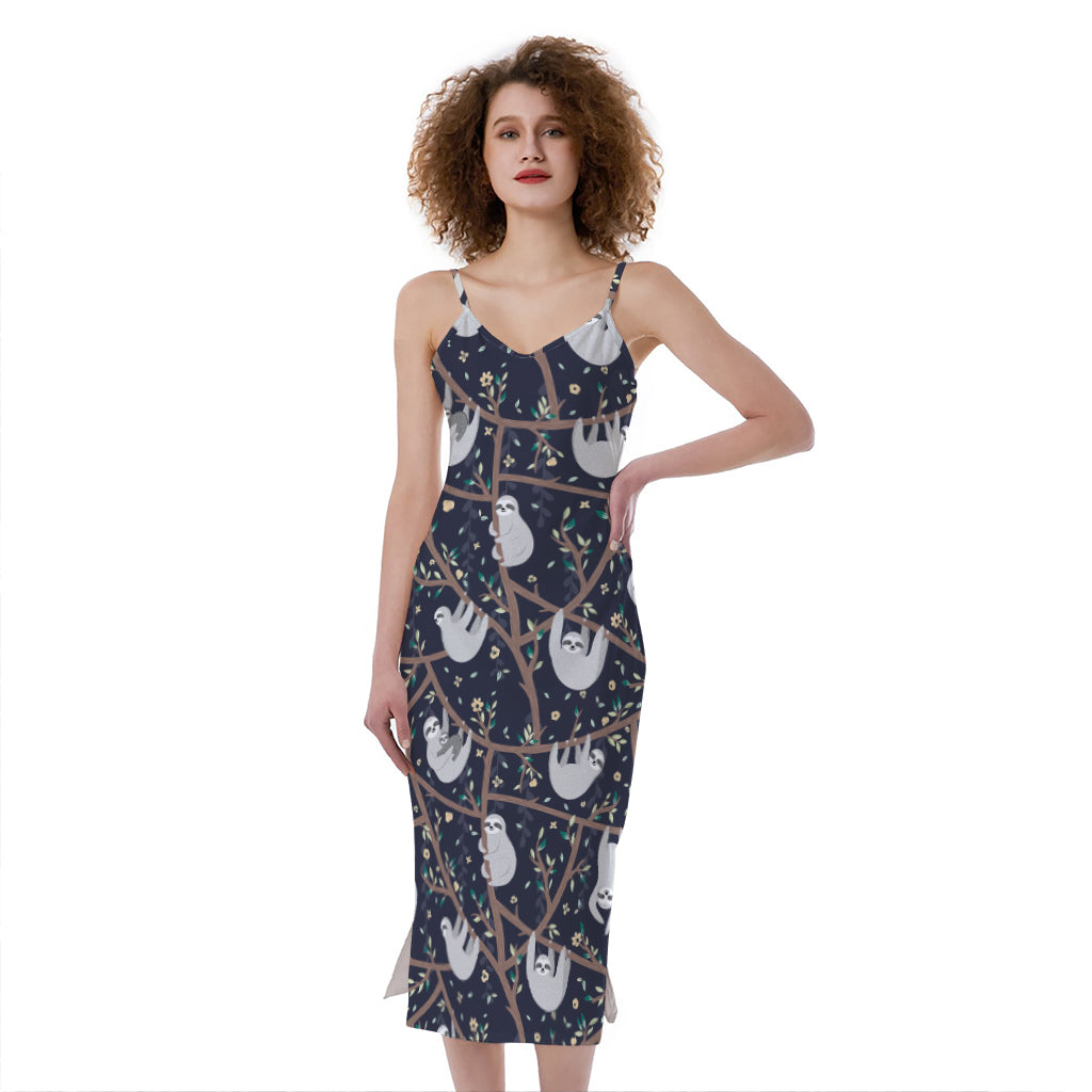 Sloth Family Pattern Print Slim Fit Midi Cami Dress