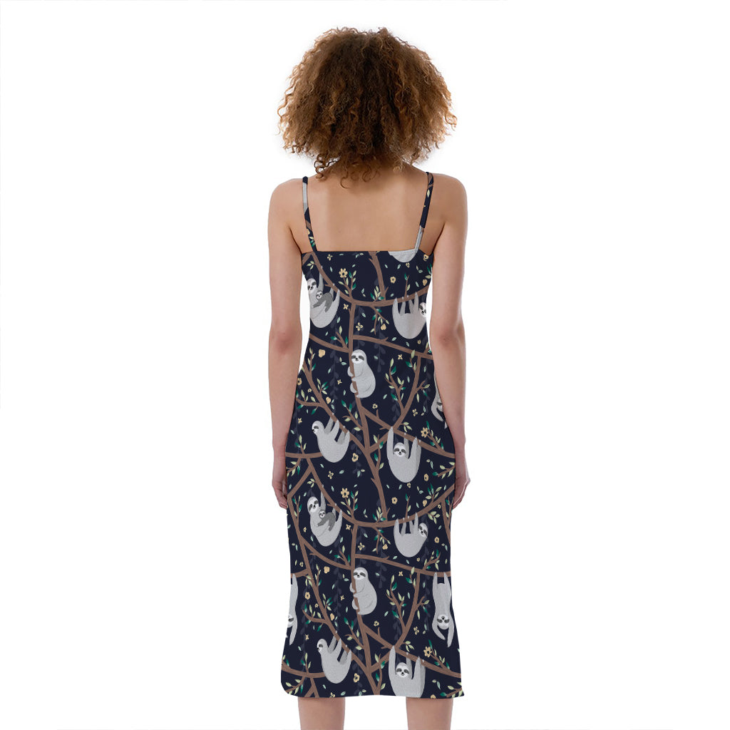 Sloth Family Pattern Print Slim Fit Midi Cami Dress