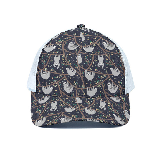 Sloth Family Pattern Print White Mesh Trucker Cap