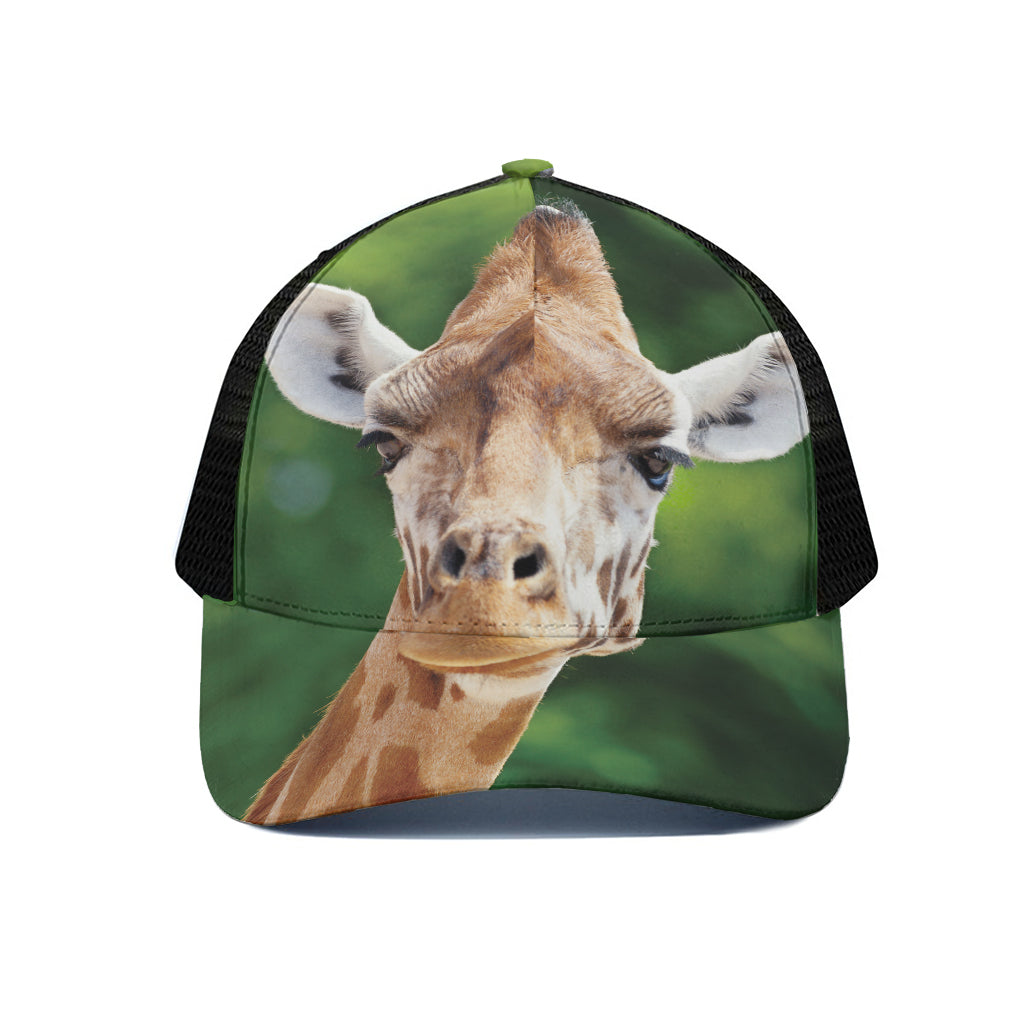 Smiley Face Giraffe Print Black Mesh Trucker Cap