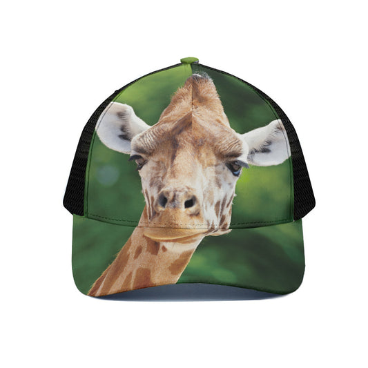 Smiley Face Giraffe Print Black Mesh Trucker Cap