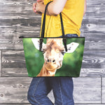 Smiley Face Giraffe Print Leather Tote Bag