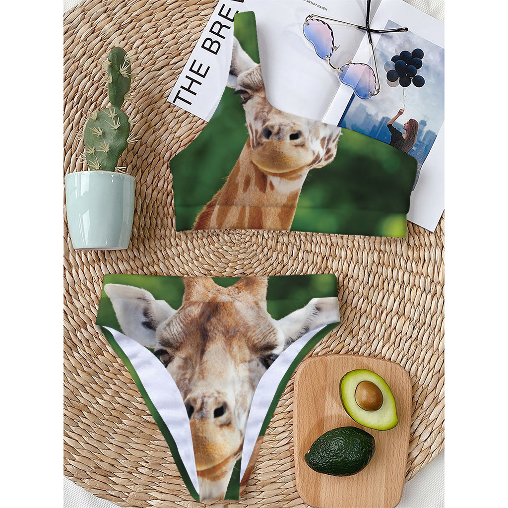 Smiley Face Giraffe Print One Shoulder Bikini Top