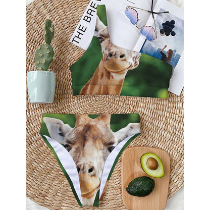 Smiley Face Giraffe Print One Shoulder Bikini Top
