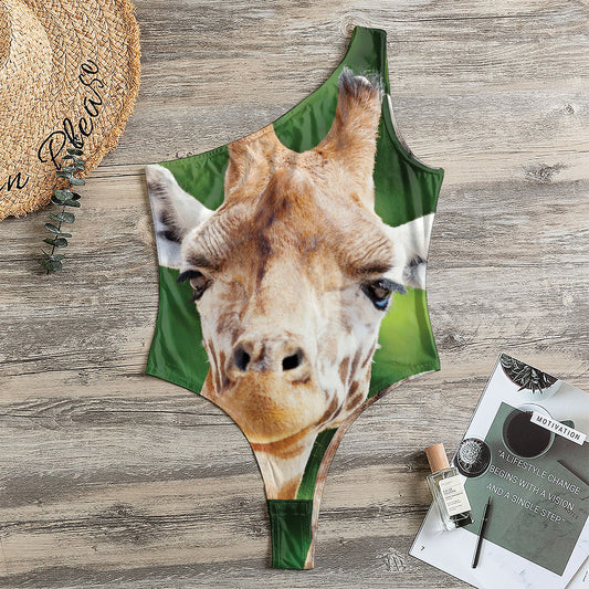 Smiley Face Giraffe Print One Shoulder Bodysuit