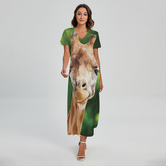 Smiley Face Giraffe Print Short Sleeve Maxi Dress