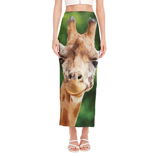 Smiley Face Giraffe Print Side Slit Maxi Skirt
