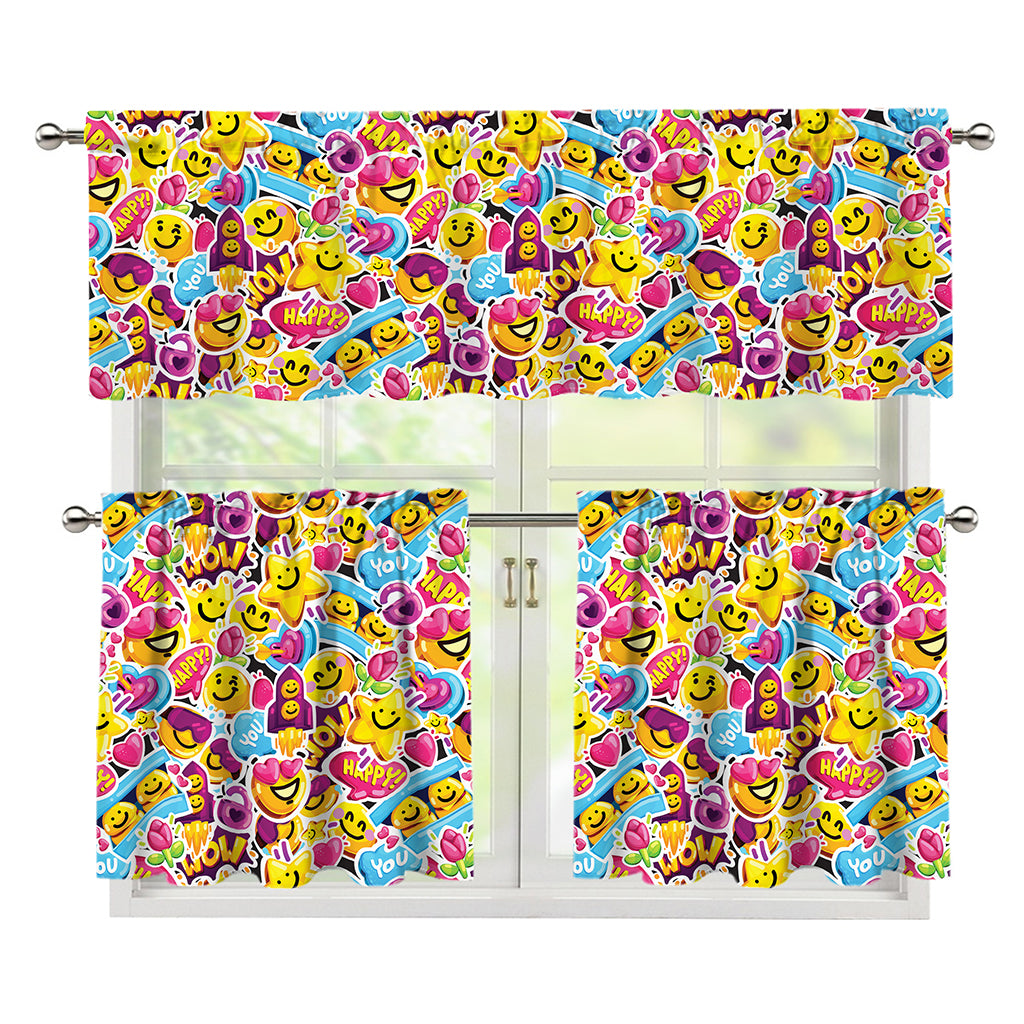 Smiley Faces Emoji Pattern Print 3 Piece Kitchen Curtains