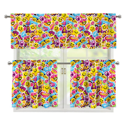 Smiley Faces Emoji Pattern Print 3 Piece Kitchen Curtains